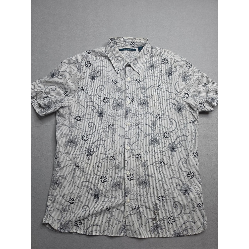 Perry Ellis Shirt Men Large White Floral Print Cotton Short Sleeve Everyday Wear
